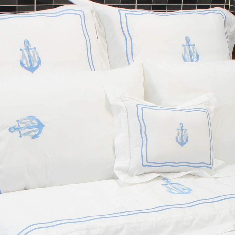 Anchor and rope embroidered and monogram bedding set in sky blue